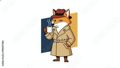 A cleverly disguised fox in a trench coat and hat, holding a steaming cup of coffee, appears to be on a secret mission or enjoying a quiet moment of reflection