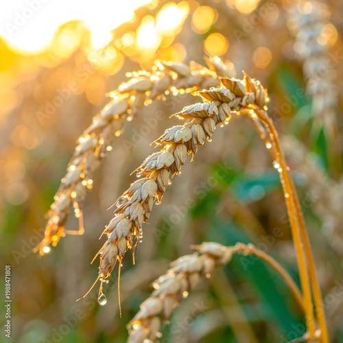 Golden sunlight bathes wheat stalks, glistening with droplets in a close-up shot. Bokeh blur accentuates warmth