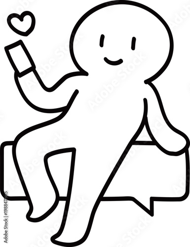 Man Sitting on Chat Bubble Using Smartphone with Heart Icon for Online Dating