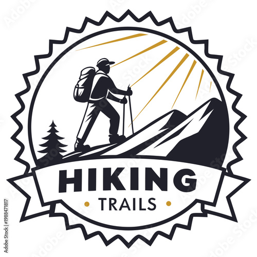 Vintage style hiking trails logo with hiker silhouette and mountain peak