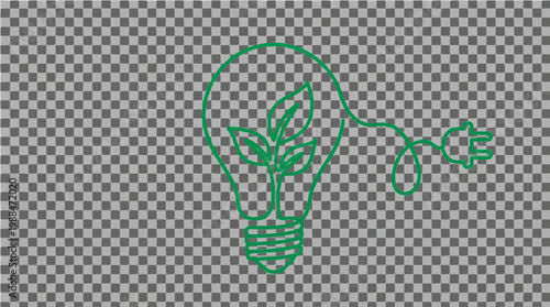 Green line art illustration of an eco-friendly light bulb with leaves inside and an electric plug, representing renewable energy and sustainable ecology on a transparent background.