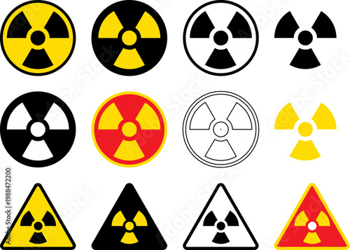 Vector set of radioactive warning symbols in various colors and styles for industrial safety design