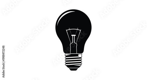 A stark black silhouette of a traditional edison style lightbulb against a bright white background