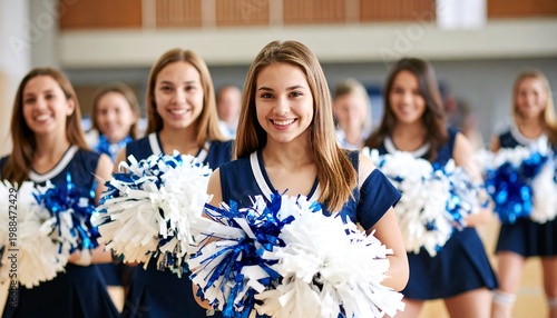 Group of young women in blue and white uniforms, holding pom-poms and smiling cheerfully. They appear to be cheerleaders