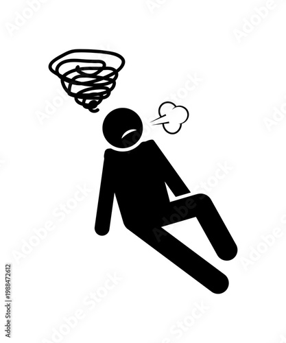 Exhausted man stick figure sitting with dizziness and fatigue icon. stickman cartoon.