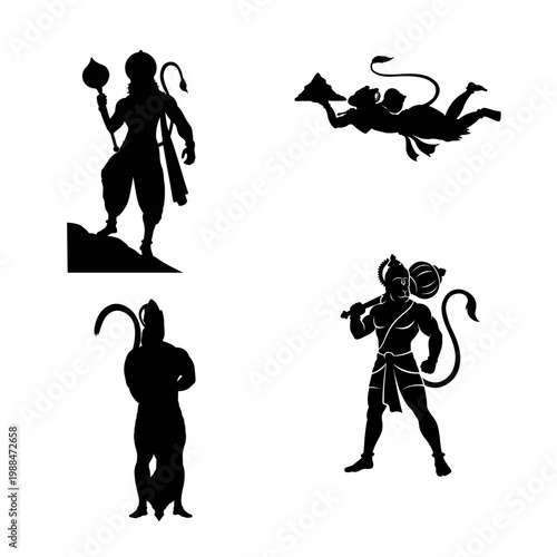 Lord Hanuman Silhouette Set - Bajrangbali Vector Poses for Spiritual Design