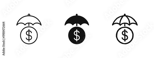 Bild auf Leinwand Umbrella protecting dollar coin icon set, financial protection and insurance con