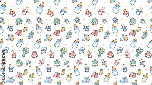 Cute baby pattern with bottles, pacifiers, socks, and rattles in soft pastel colors for nursery decor