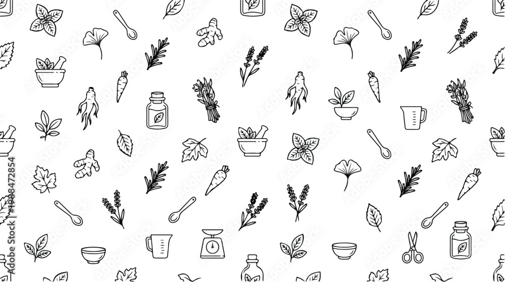 Obraz premium Hand-drawn seamless pattern of botanical elements and kitchen tools on a white background for natural remedies