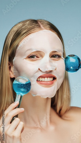 Young blonde woman, face, sheet mask, performs ice globes skin icing routine, holding blue cooling globes, closing eyes. Relaxing skincare routine, home spa beauty treatment, cold facial massage proce