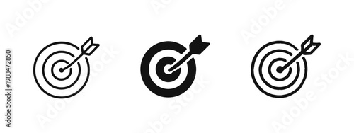 Goal achievement and target marketing icon set with arrow hitting bullseye in three design styles
