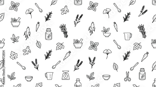 Hand-drawn seamless pattern of botanical elements and kitchen tools on a white background for natural remedies