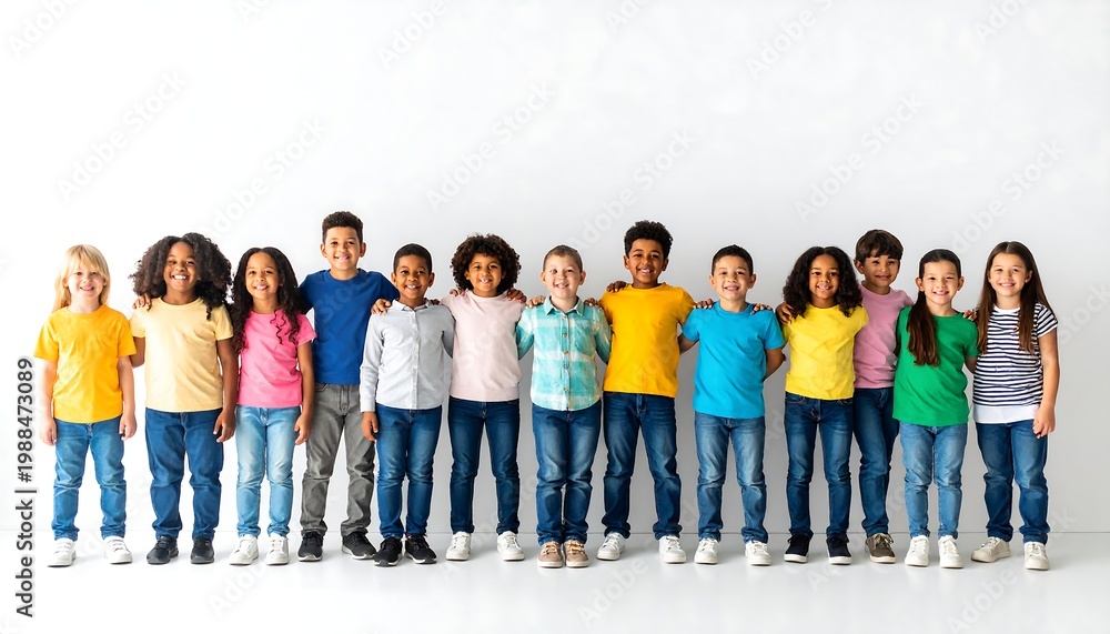 Obraz premium Group portrait of a diverse group of smiling children standing close together, arms around each other, against a white backdrop
