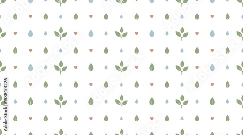 Delicate seamless pattern with small green leaves and light blue dots on a white background