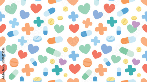 Colorful medical pattern with hearts, crosses, and pills on a white background, representing health and wellness
