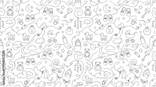 Whimsical seamless pattern of baby icons including teddy bears, rattles, strollers, and booties in a playful doodle