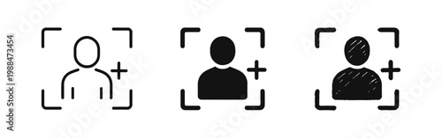 Add new user profile icon set for account registration in outline, solid, and hand-drawn designs
