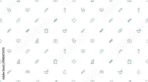 Seamless pattern of medical and healthcare icons on a clean white background, representing healthcare and science