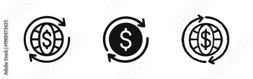 Global money circulation and currency exchange icon set with dollar globe and arrows in three styles