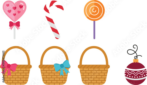Cute Holiday Sweets and Festive Elements Set with Lollipop Candy Cane Wicker Basket and Christmas Ornament Flat Vector Illustration