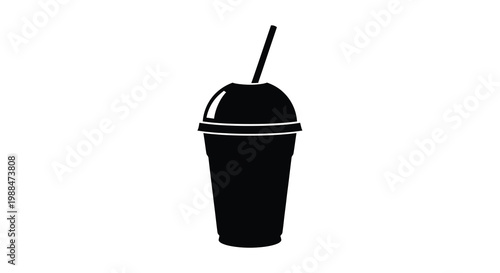 A simple black and white silhouette depicts a plastic cup with a lid and straw