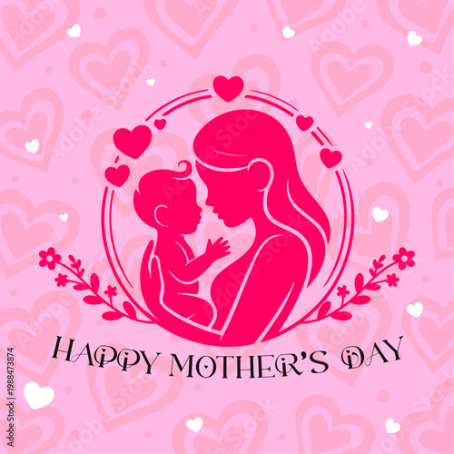 happy mothers day mom and baby love design, cute mother and child silhouette with hearts, pink mothers day greeting card background, motherhood love concept vector illustration
