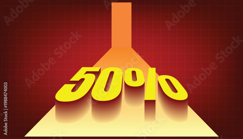 50% discount concept with bold yellow typography in a spotlight funnel on a dark red grid background. Ideal for e-commerce sales promotions.