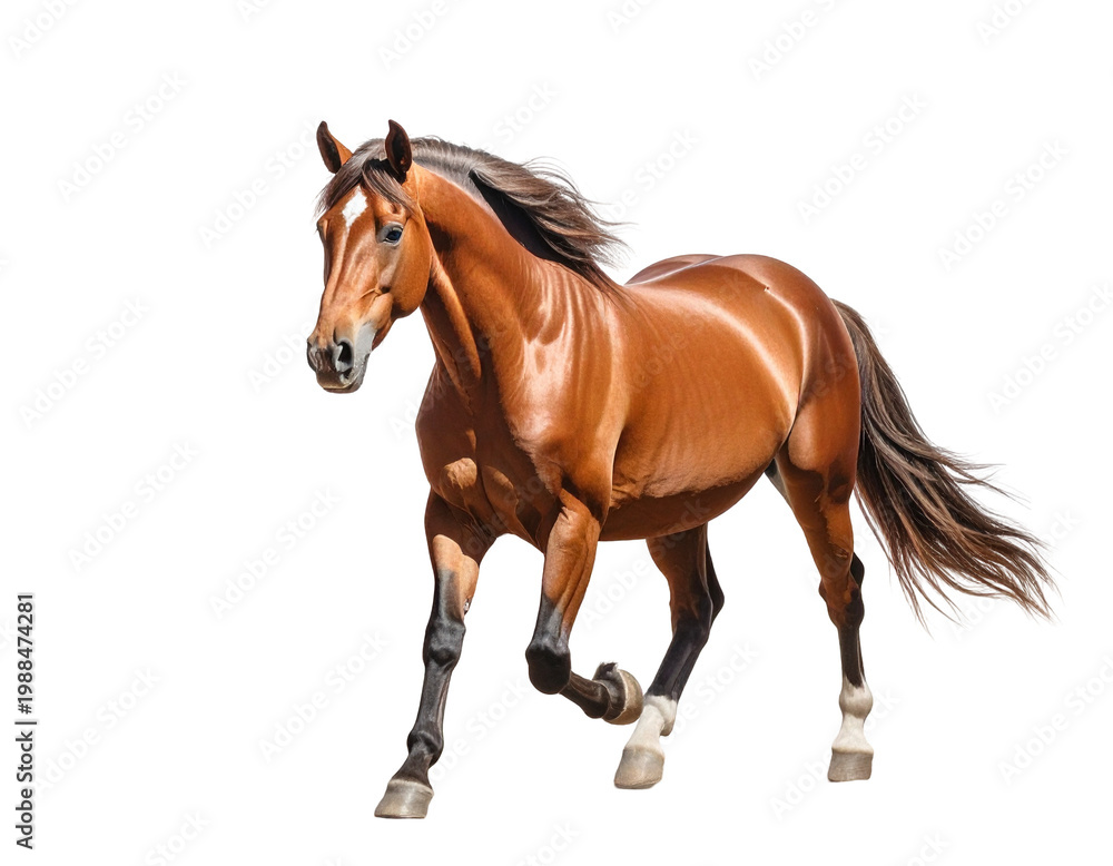 Obraz premium Sunny bay stallion in mid-gallop at full view highlighting chestnut coat and flowing mane