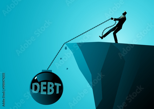 Businessman Pulling Debt to Avoid Falling Into Financial Collapse Abyss