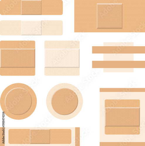 Vector set of medical adhesive bandages in various shapes for first aid and wound care