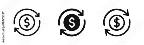 Cash flow and money cycle icon set featuring dollar coin with circular arrows in three styles