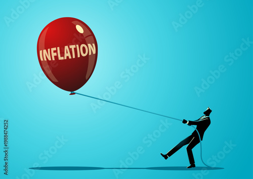 Conceptual illustration of a businessman struggling to hold down an inflation balloon, symbolizing rising prices and economic pressure, with rope tension reflecting the difficulty of control.