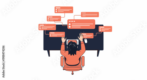 Woman working at desk with computer and digital interfaces, concept of multitasking and workflow management