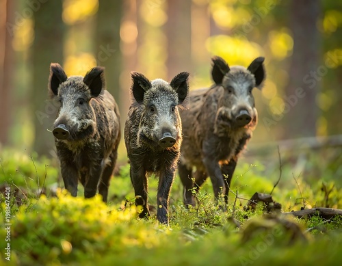 Three wild boars walking through a forest
