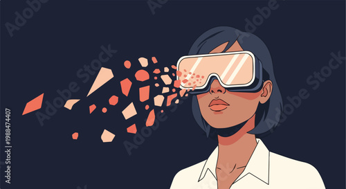 Woman wearing virtual reality headset, digital particles exploding from her eyes, concept of immersive technology and digital world