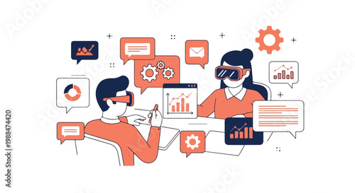 People using virtual reality headsets for business analytics and data visualization in a modern office setting