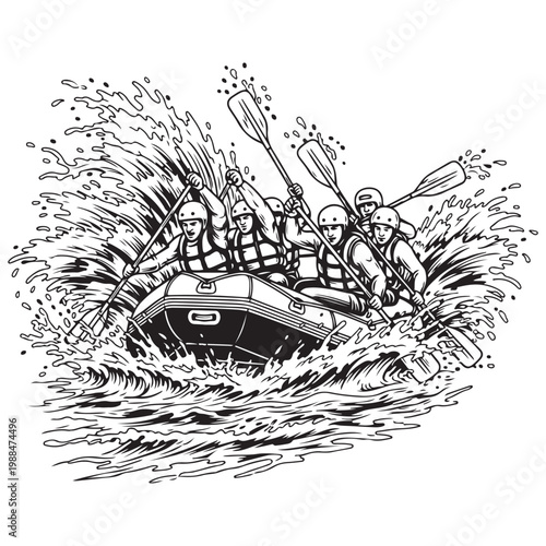 White water rafting team paddling through rough river waves vector illustration for extreme sports adventure