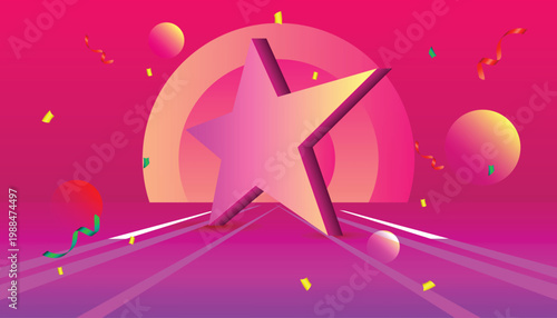 Abstract 3D star with a vibrant pink and purple neon background, featuring confetti and geometric shapes.