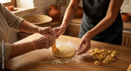 Multigenerational Puglian Women Hand-Shaping Traditional Orecchiette Pasta in Rustic Kitchen