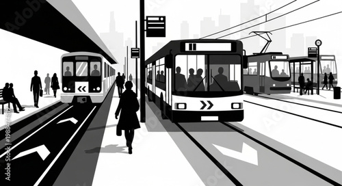 Public transportation hub with trains and buses.