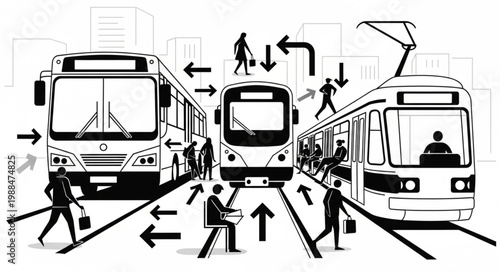 Public Transportation Hub with Trams and Buses.