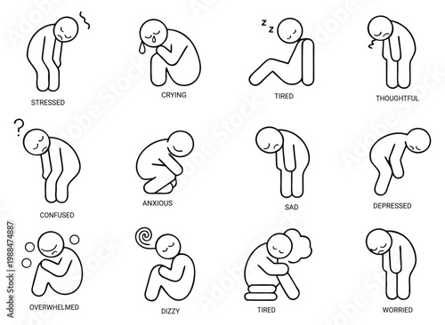 Stress Anxiety Depression Emotion Stick Figure Icon Collection – Mental Health Vector.sitting man stick outline icon vector in a sad mood set in multiple styles.physical and emotional distress