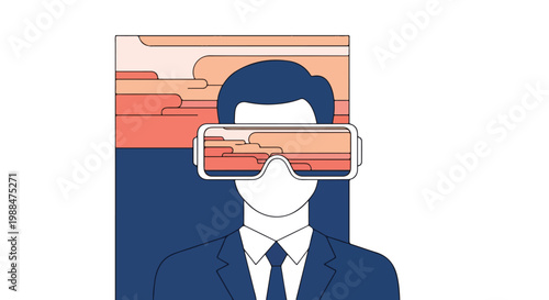 Businessman in a suit wearing a virtual reality headset, experiencing an immersive digital landscape. Concept of metaverse, future technology, and digital escapism.