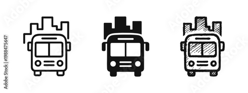 Urban City Bus Transport Icon Set in Outline, Solid, and Hand-Drawn Styles