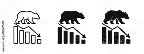 Bear Market Stock Decline Icon Set in Outline, Solid, and Hand-Drawn Styles