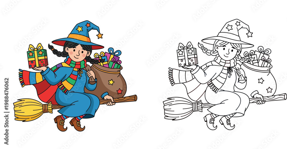 Fototapeta premium Cute Witch Flying on Broomstick with Christmas Gifts Coloring Page, Festive Holiday Activity for Kids Vector Illustration