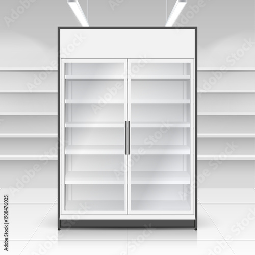 White empty store shelf rack mockup front. Front view Product shelves counter design