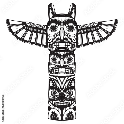 Traditional indigenous totem pole vector illustration with carved faces and wings for tribal graphic design