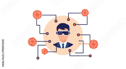 Man wearing VR headset connected to futuristic digital network with geometric shapes, symbolizing virtual reality and technology