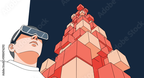 Man wearing VR headset looking up at a futuristic tower made of cubes, representing virtual reality and technology